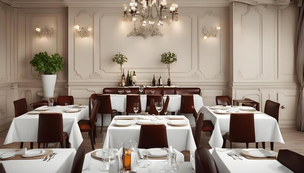 Photo a restaurant with a table with white tablecloths and a chandelier with flowers on it