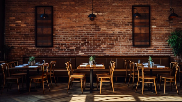 A restaurant with tables chairs and a brick wall