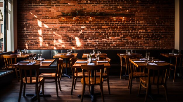 A restaurant with tables chairs and a brick wall