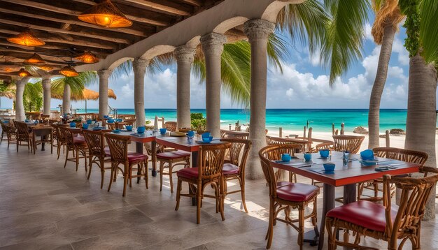 Photo a restaurant with tables and chairs and a palm tree