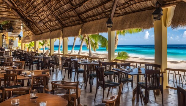 Photo a restaurant with tables and chairs and palm trees on the beach