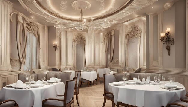 Photo a restaurant with tables and chairs with a chandelier above it