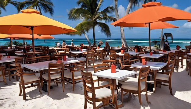 Photo a restaurant with tables and umbrellas that say  tropical