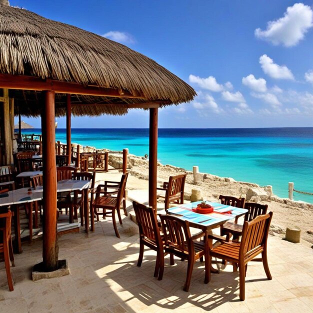 Photo a restaurant with a thatched roof that has a thatched roof