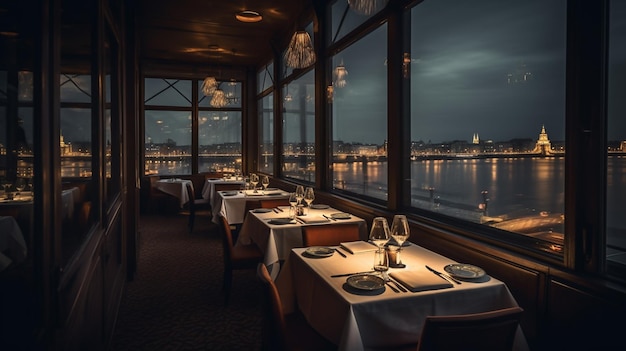 a restaurant with a view of the city at night.