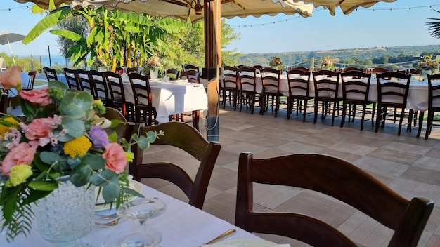 A restaurant with a view of the mountains in the background