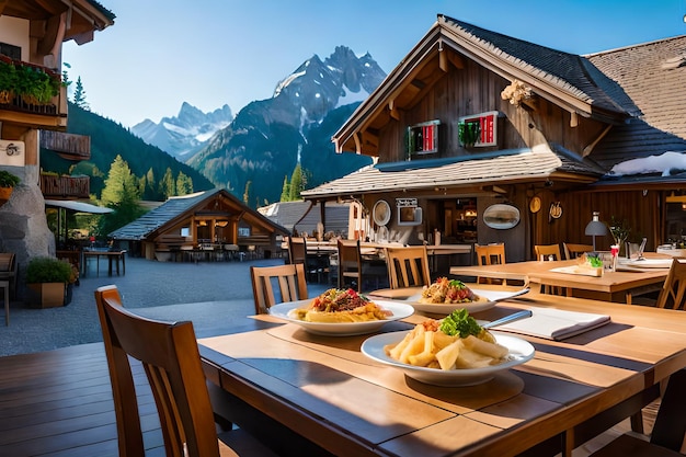 Photo a restaurant with a view of the mountains in the background