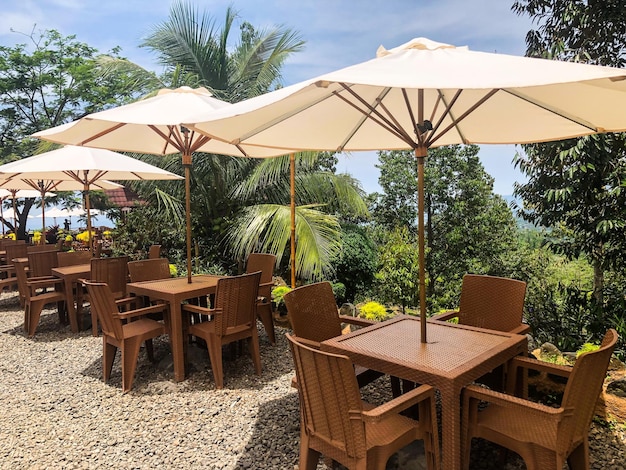 A restaurant with a view of the ocean and palm trees