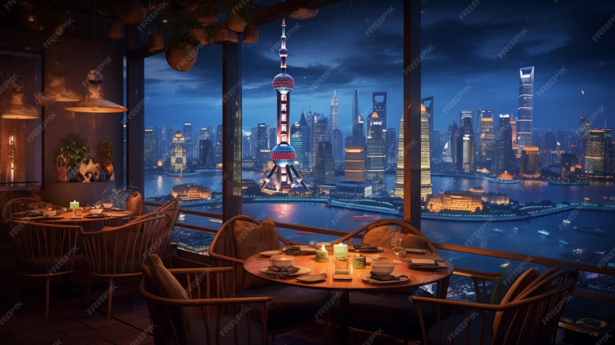 Premium AI Image A Restaurant With A View Of Shanghai At Night relax-enjoy-breakfast-on-the-water-grills-seafood-deck-tiki-bar