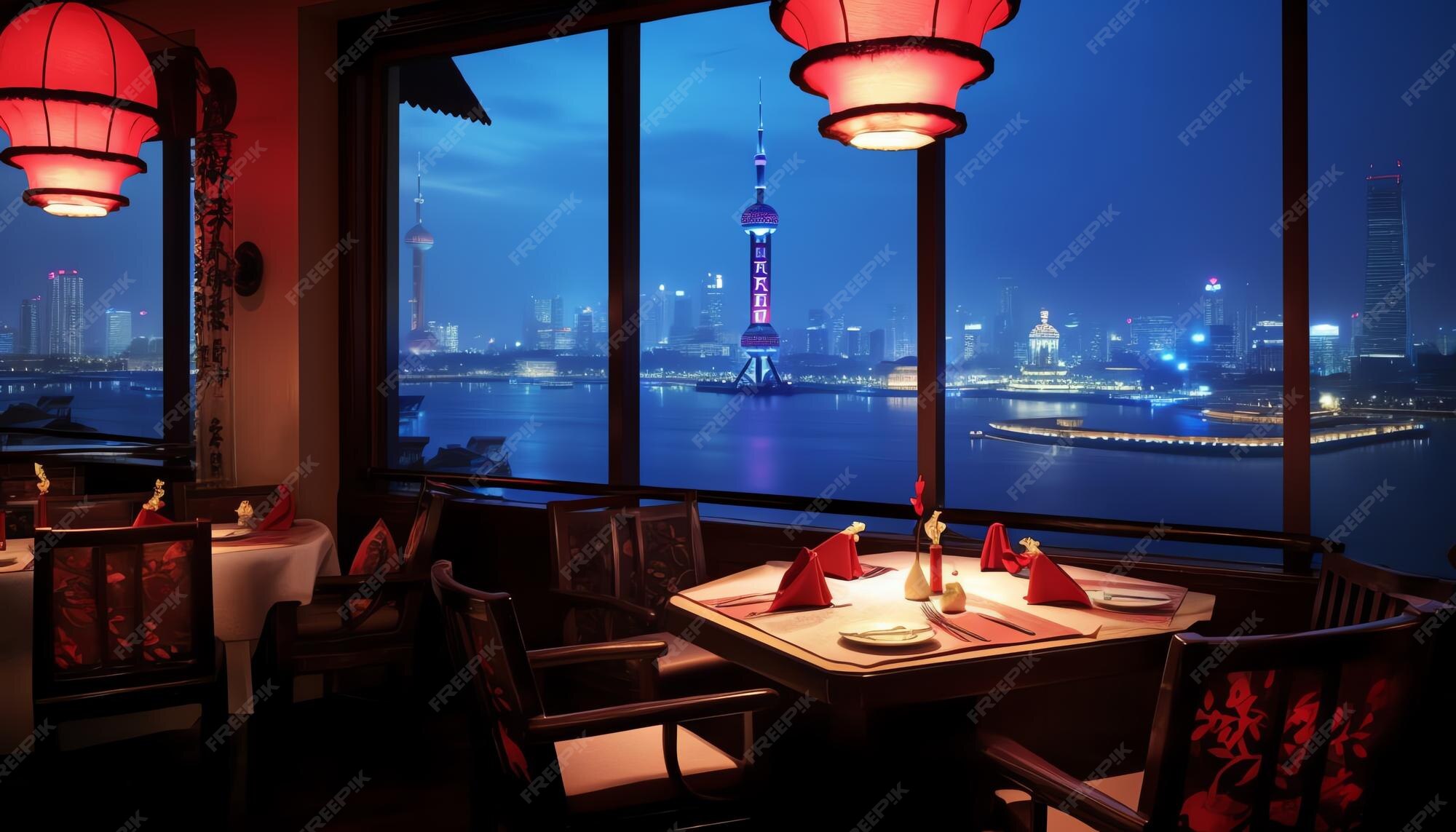 Premium AI Image A Restaurant With A View Of Shanghai At Night premium-ai-image-a-restaurant-with-a-view-of-shanghai-at-night