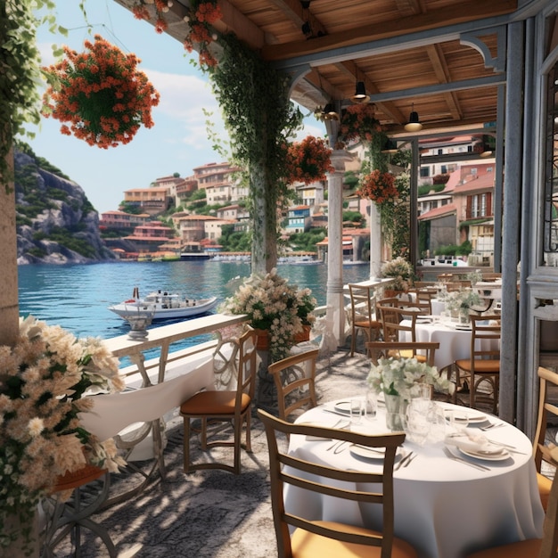 A restaurant with a view of the water and a boat in the background.