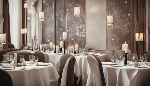 Photo a restaurant with a wall covered in white cloth and white tablecloths with white cloths