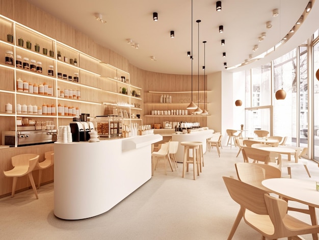 A restaurant with a white counter and wooden chairs.