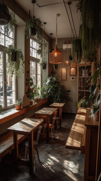 A restaurant with a window and plants on the wall