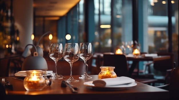 A restaurant with wine glasses and a candle on the table