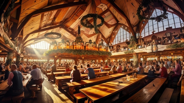 a restaurant with a wooden ceiling and a large group of people sitting at tables.