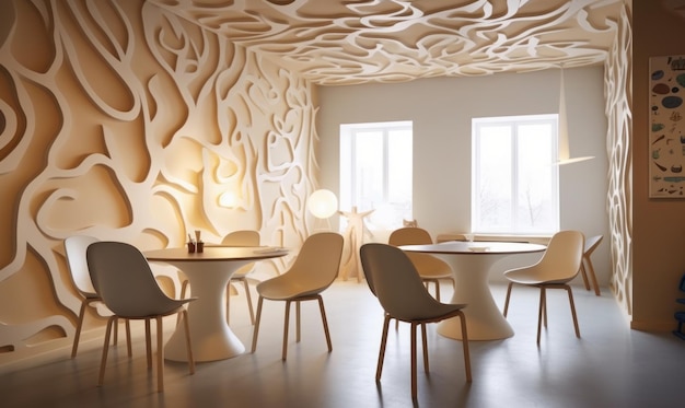 A restaurant with a wooden ceiling and white chairs.