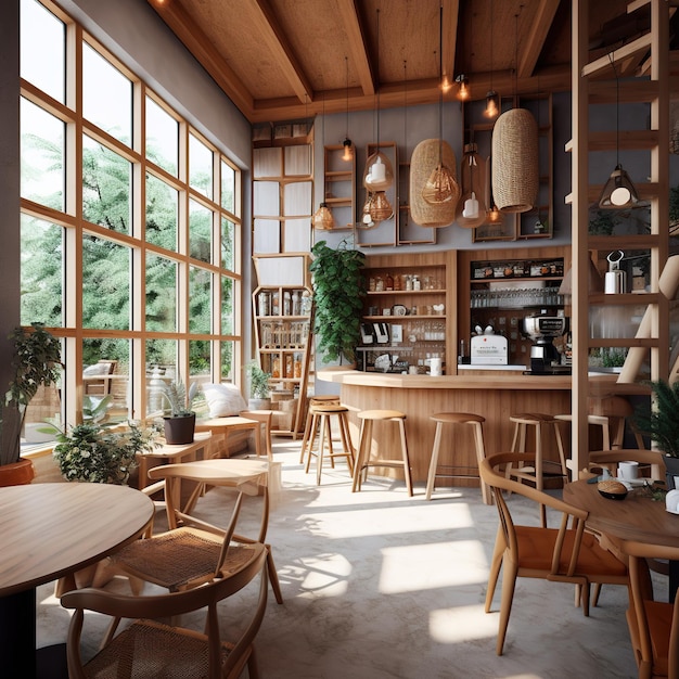 A restaurant with wooden chairs and tables and a large window with a plant hanging on it.