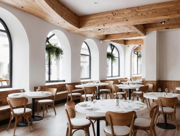 A Restaurant With Wooden Tables And White Chairs