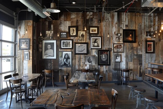 A restaurant with wooden walls and pictures on the wall