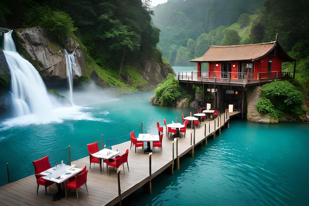 a restaurant on a wooden bridge overlooking a blue lake.