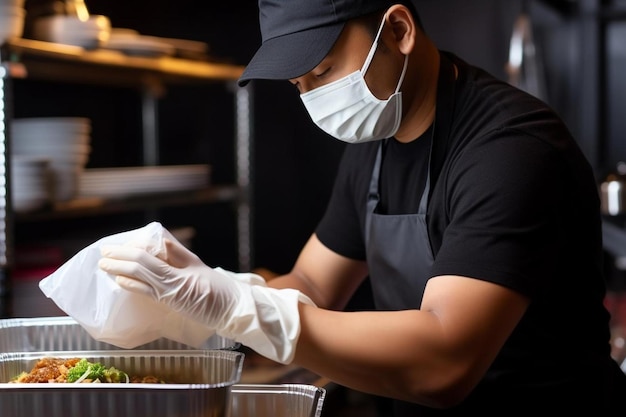 restaurantmedewerker met beschermend masker en handschoenen die voedsel in dozen inpakt