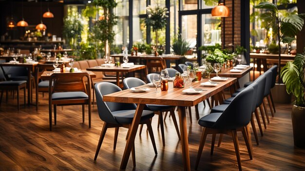 Restauranttafel met houten stoelen geplaatst in de hal