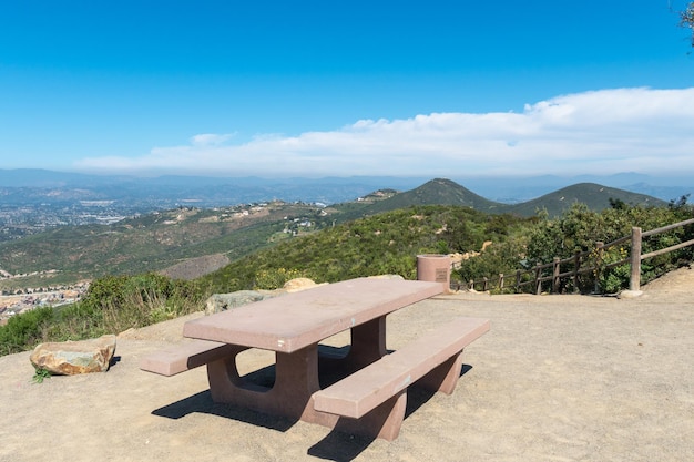 San Marcos의 Double Peak Park 꼭대기에 벤치가 있는 휴식 공간. 200에이커 공원