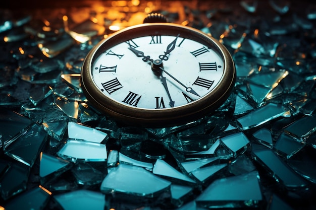 Resting atop broken glass a shattered clock symbolizes halted time's fragments