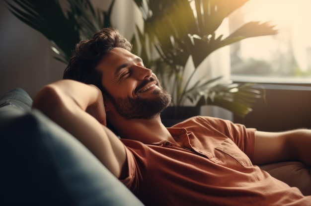 Photo resting at home in the sofa relaxing and doing nothing concept