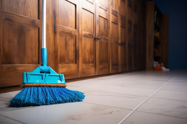 Resting mop leaning against the wall a cleaning tool idles