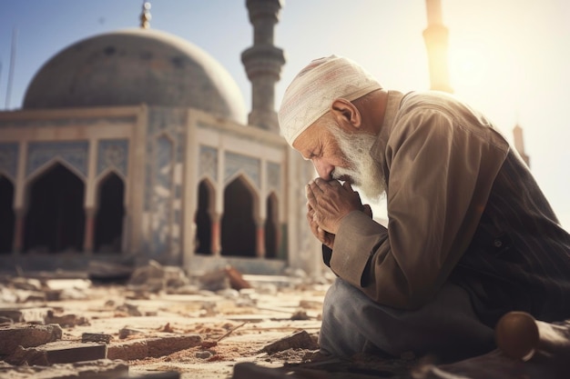 信仰の復元 高齢のイスラム教徒がモスクの遺跡で祈っている