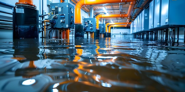 Restoring flooded electrical room from snowmelt or pipe burst water damage Concept Water Damage Restoration Electrical Room Recovery Flooded Space Cleanup Snowmelt Repair Pipe Burst Cleanup