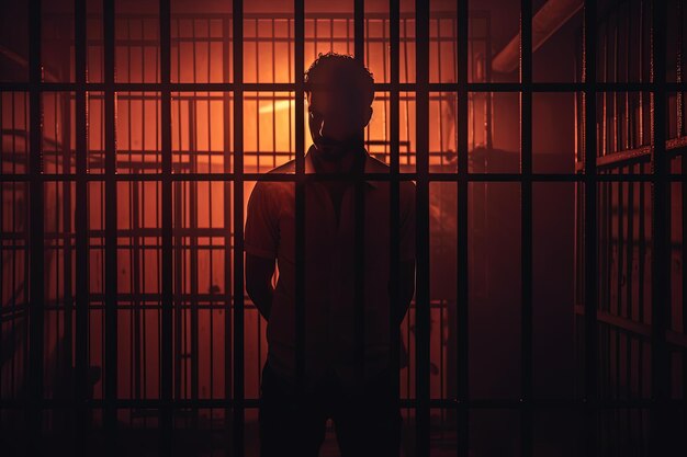 Photo restriction of freedom silhouette of a man in a dark solitary confinement cell