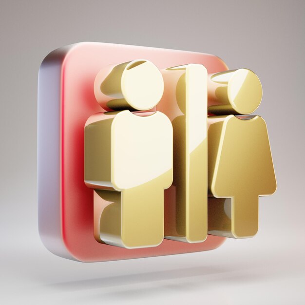 Restroom icon. Golden Restroom symbol on red matte gold plate. 3D rendered Social Media Icon.