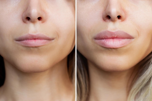 Result of lip augmentation Woman lips before and after enhancement Injection of fillers