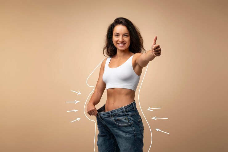 Photo results of diet slim middle eastern woman wearing big jeans