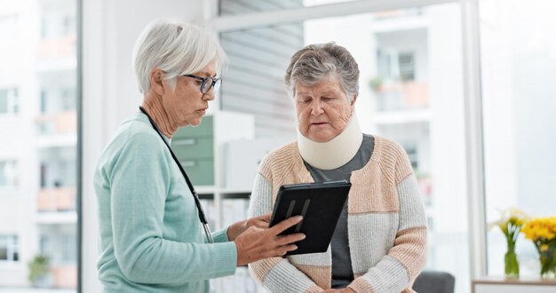 Photo results tablet and senior woman with doctor talking about x ray data or report on healthcare injury or elderly care consultation patient nurse and advice in meeting with medical worker or expert