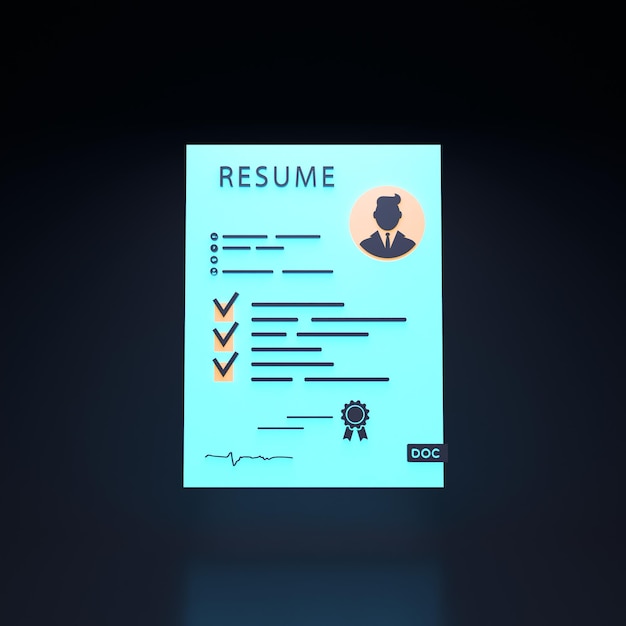 Resume neon icon on black background 3d render illustration