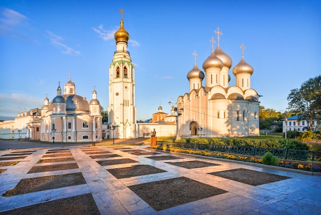 Resurrection Cathedral, bell tower and St. Sophia Cathedral in the Kremlin in the city of Vologda on an early summer morning