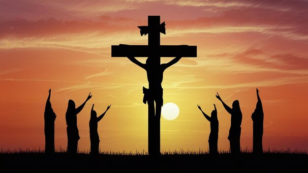 Resurrection concept crucifixion of jesus christ cross at sunset