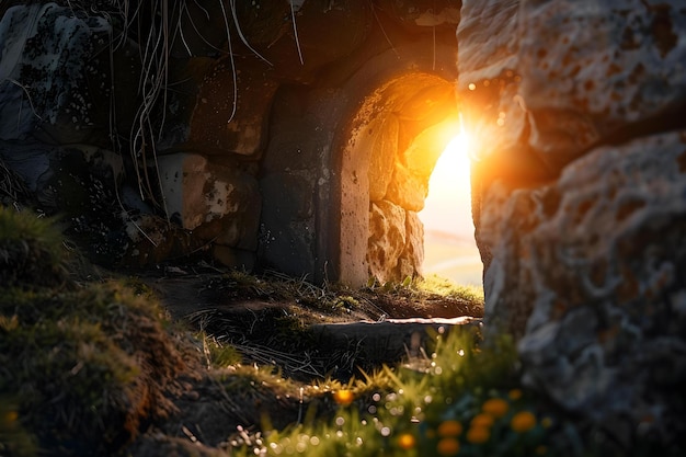 Photo the resurrection of jesus christ dramatic lighting in an empty stone tomb concept easter story religious themes biblical scenes spiritual symbolism