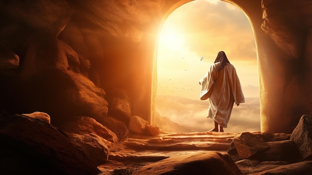 Resurrection Of Jesus at empty tomb during sunrise