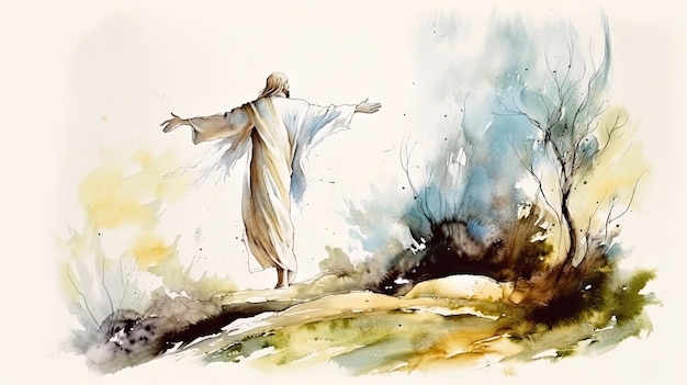 Resurrection of Jesus in Watercolor Painting on White Background