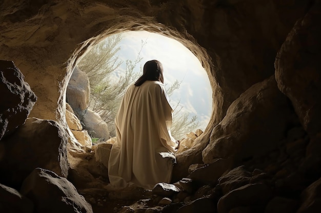 Foto momento della risurrezione gesù cristo rinascita l'inaugurazione della tomba nella grotta sacra una narrazione divina di speranza fede e risveglio spirituale nella tradizione cristiana