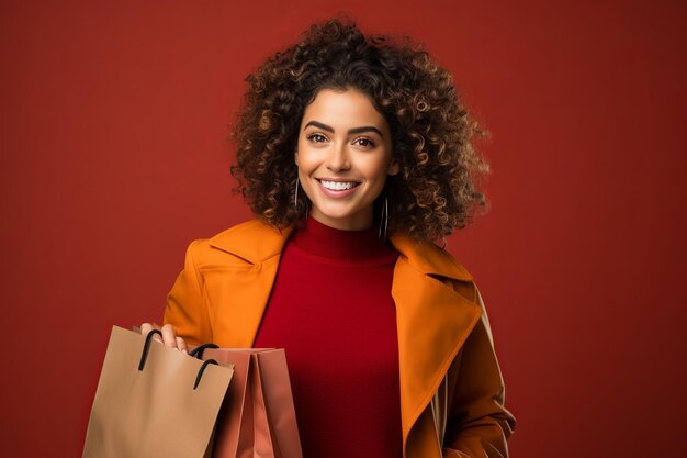 Retail delight woman with shopping bags over red background elegance and fashion in vibrant hue generative ai