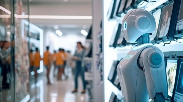 写真 小売店やデパートはロボット アドバイザーを導入して、顧客が the generative ai を閲覧する際に支援し、製品情報を提供します。