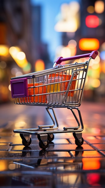 Перспектива розничной торговли Корзина для покупок в супермаркете на фоне оживленного боке магазина Вертикальное МО