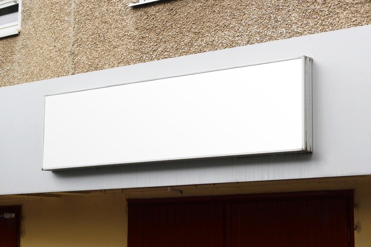Photo retail store blank white signage mockup promote your brand and products