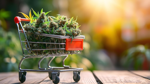 A retail store shopping cart with cannabis buds against a wooden backdrop space Generative AI